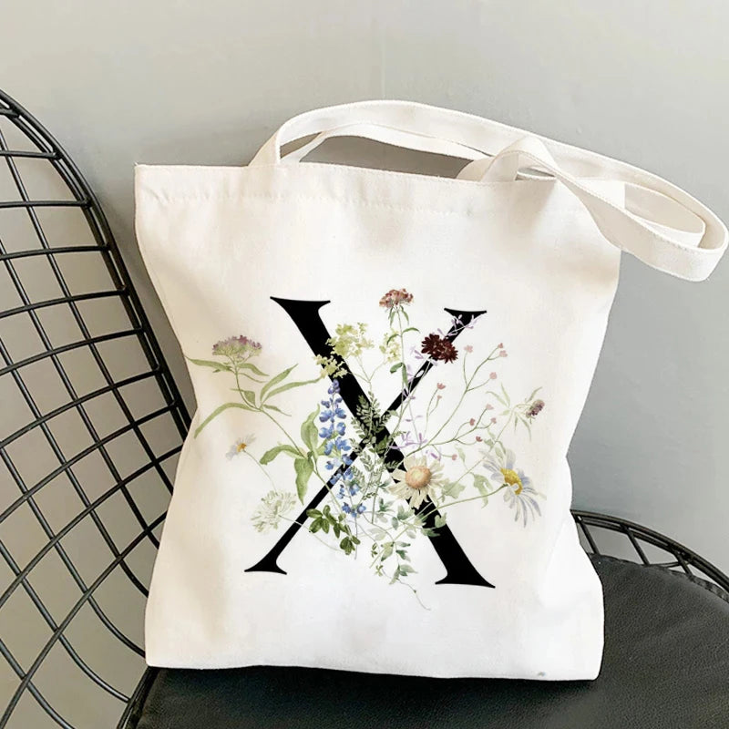 Plant Print Canvas Bag Women's Shoulder Bag Cotton Letter Shopping Shopper