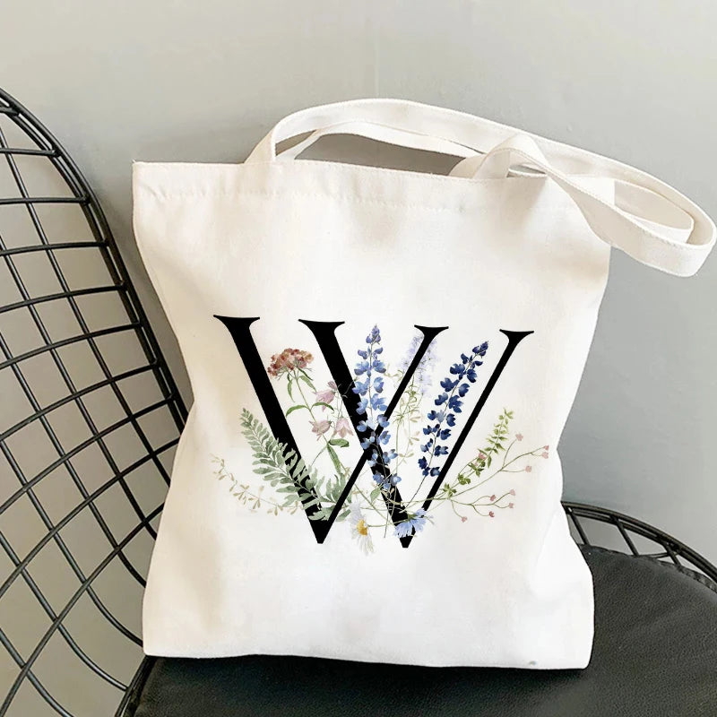 Plant Print Canvas Bag Women's Shoulder Bag Cotton Letter Shopping Shopper