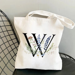 Plant Print Canvas Bag Women's Shoulder Bag Cotton Letter Shopping Shopper