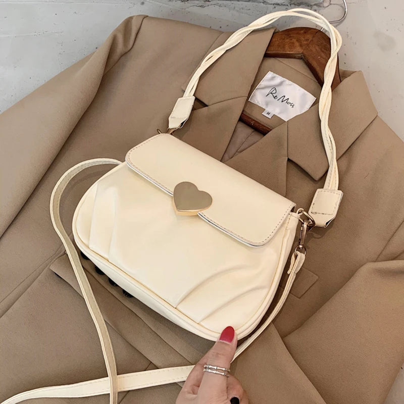 Pleated Ladies Handbags Shoulder Bags Heart Hasp Purse for Women Female