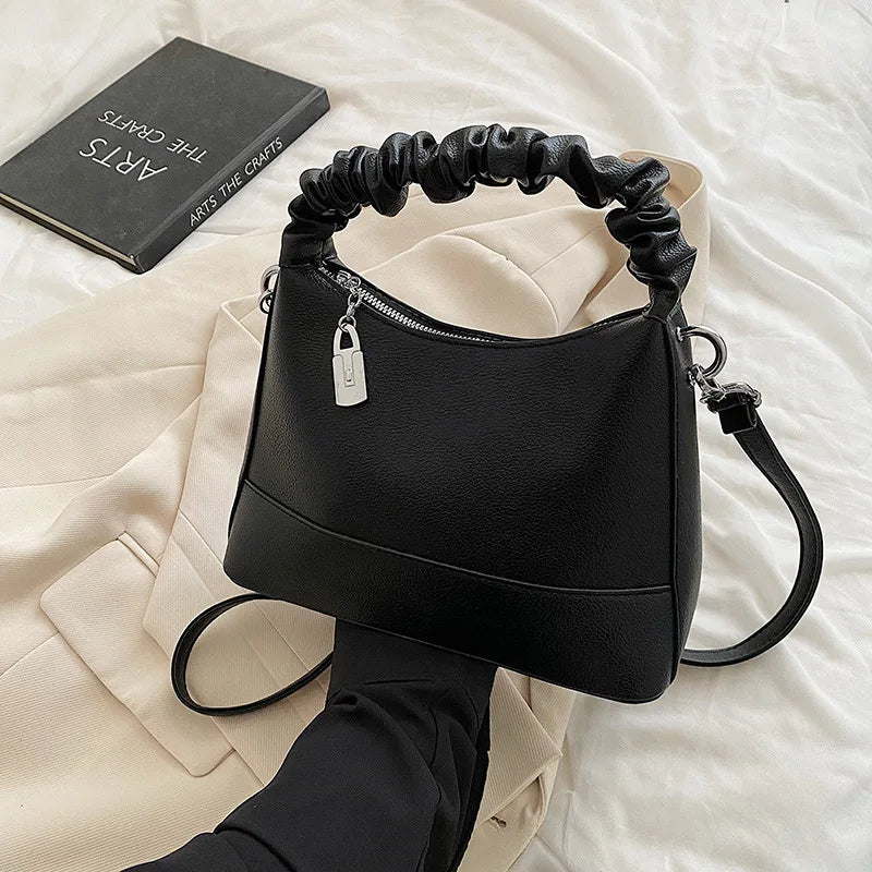 Pleated Handle Bag Bucket Crossbody Bags Women Pu Leather Shoulder Handbags