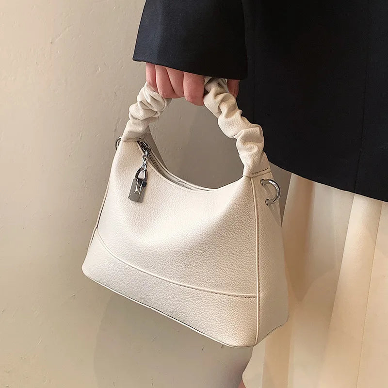 Pleated Handle Bag Bucket Crossbody Bags Women Pu Leather Shoulder Handbags