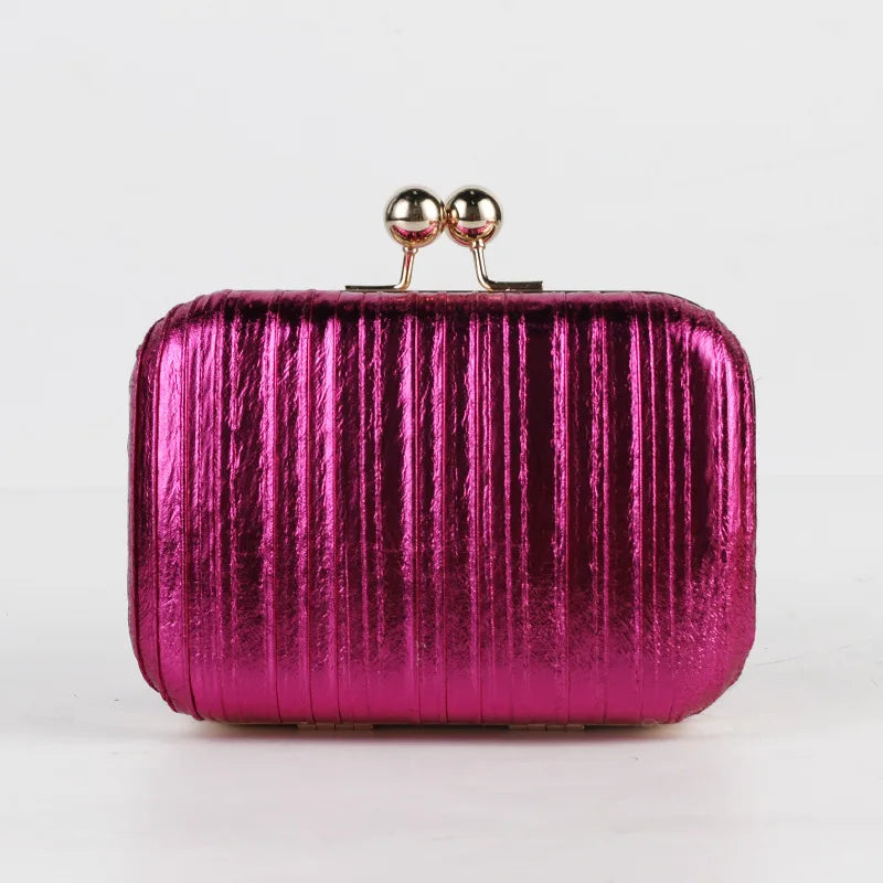 Red Pink Pleated PU Leather Evening Bag Mini Handbag Phone Purse