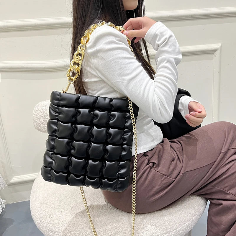 Plaid Chain Tote Bag Winter PU Leather Women's Handbag Shoulder Messenger Bag