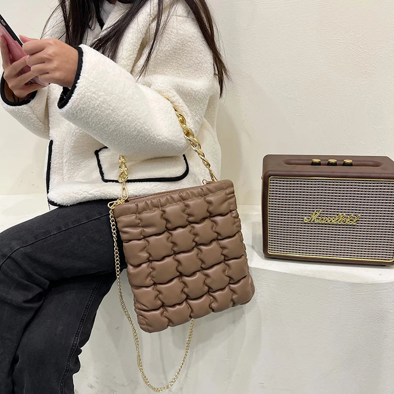 Plaid Chain Tote Bag Winter PU Leather Women's Handbag Shoulder Messenger Bag