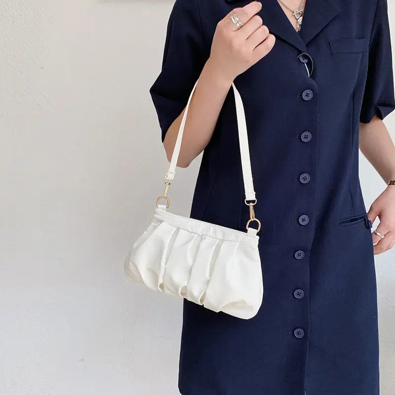 Pleated Shoulder Bag Women Soft PU Leather Handbag Zipper Casual Purse