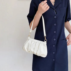 Pleated Shoulder Bag Women Soft PU Leather Handbag Zipper Casual Purse