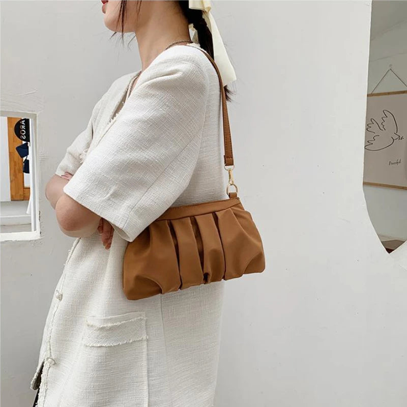 Pleated Shoulder Bag Women Soft PU Leather Handbag Zipper Casual Purse
