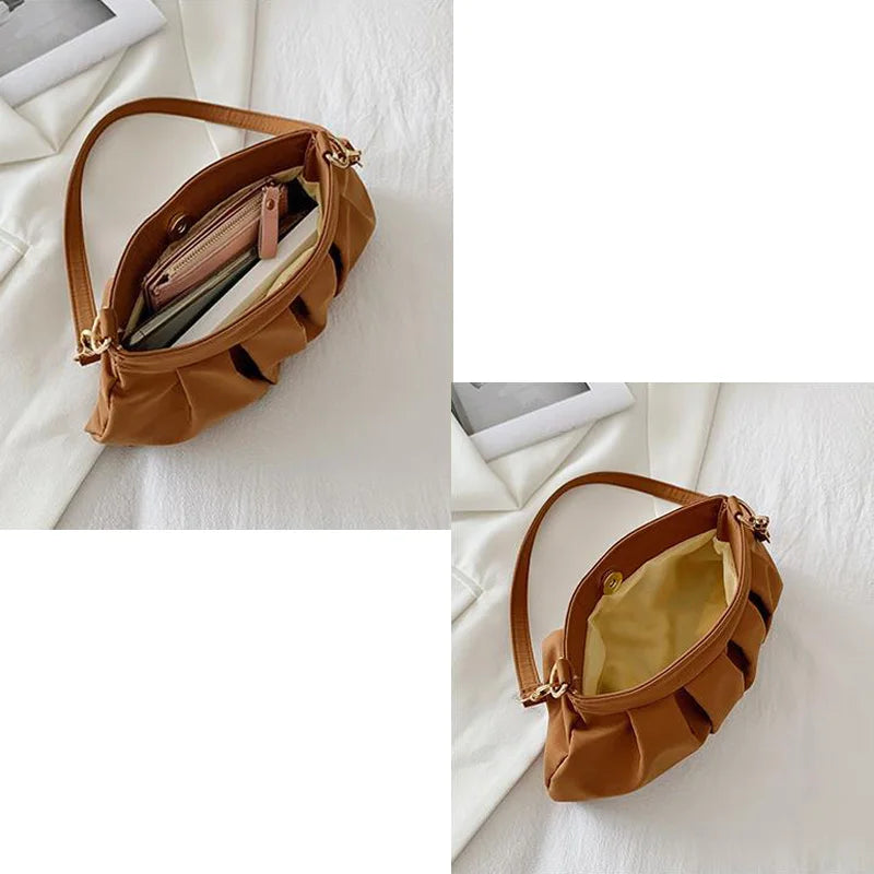 Pleated Shoulder Bag Women Soft PU Leather Handbag Zipper Casual Purse