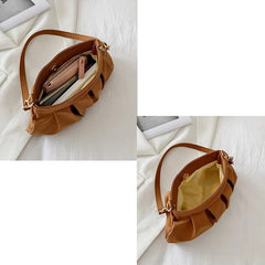 Pleated Shoulder Bag Women Soft PU Leather Handbag Zipper Casual Purse
