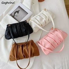 Pleated Shoulder Bag Women Soft PU Leather Handbag Zipper Casual Purse