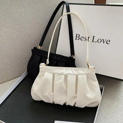 Pleated Shoulder Bag Women Soft PU Leather Handbag Zipper Casual Purse