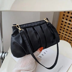 Pleated Shoulder Bag Women Soft PU Leather Handbag Zipper Casual Purse