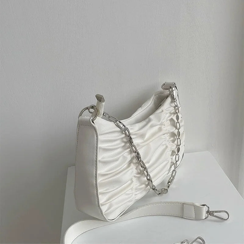 Pleated Shoulder Bags Women Solid Casual Underarm Streetwear Handbags Zipper