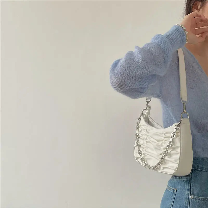 Pleated Shoulder Bags Women Solid Casual Underarm Streetwear Handbags Zipper
