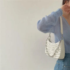 Pleated Shoulder Bags Women Solid Casual Underarm Streetwear Handbags Zipper