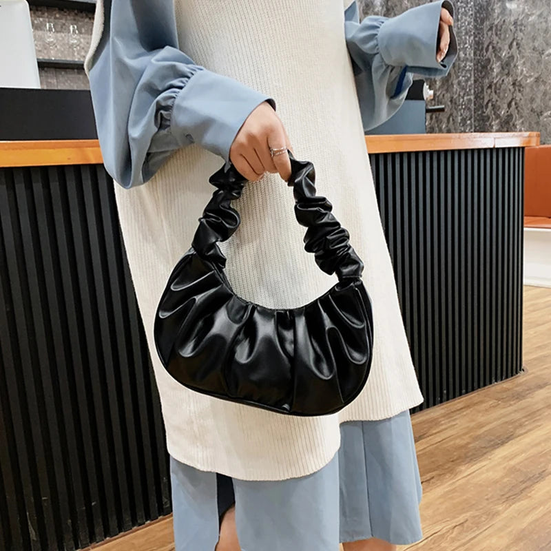 Pleated Shoulder Bag High-quality PU Leather Handbag for Women