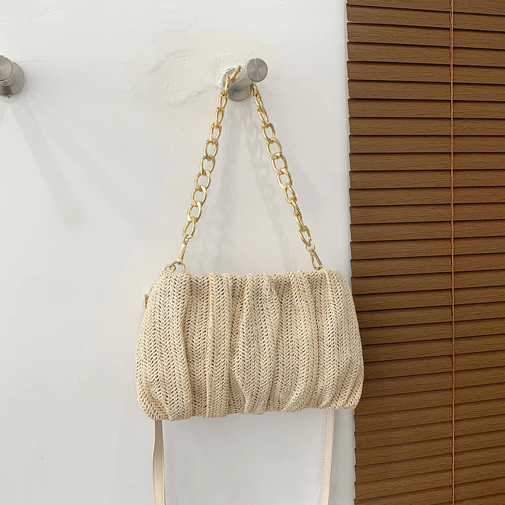 Pleated Straw Shoulder Crossbody Bag Women Beach Messenger Handbag Purse