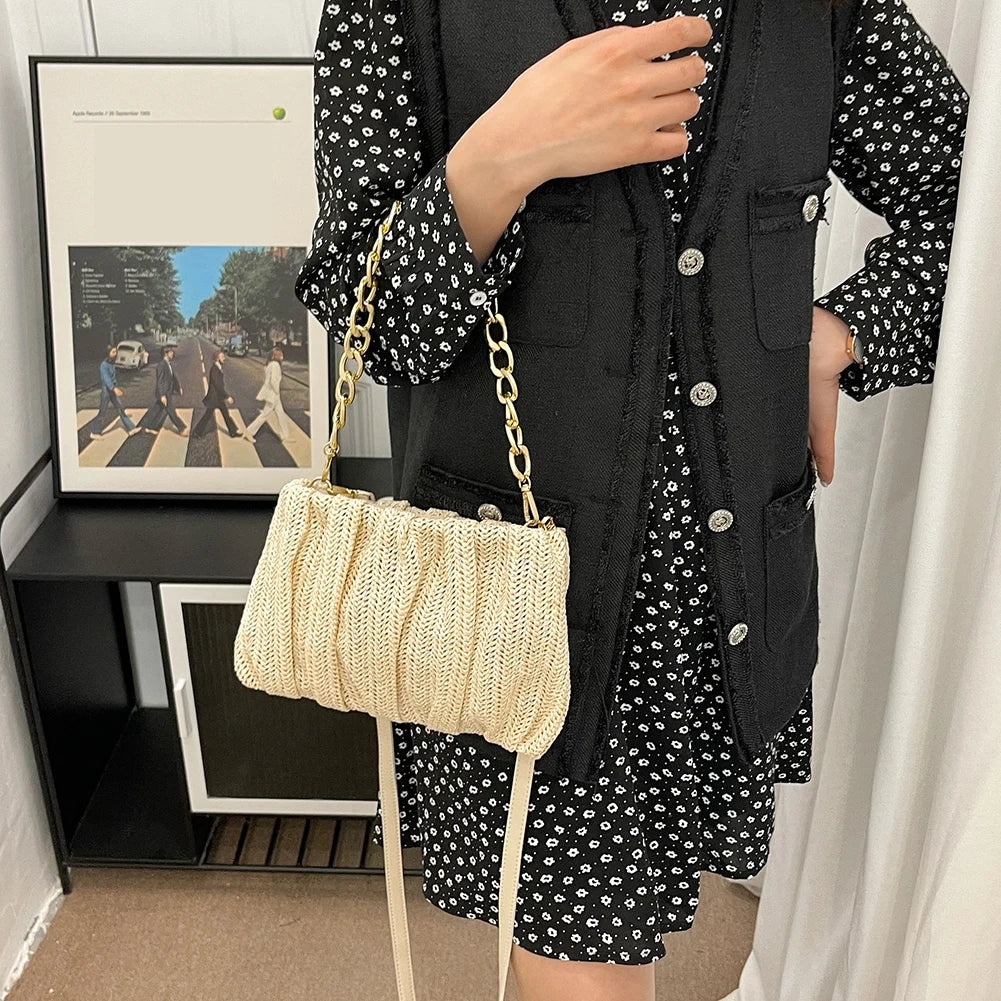 Pleated Straw Shoulder Crossbody Bag Women Beach Messenger Handbag Purse