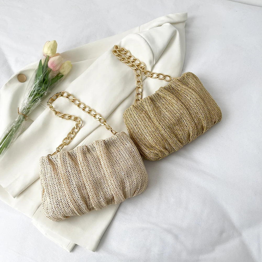 Pleated Straw Crossbody Bag Beach Handbag Purse