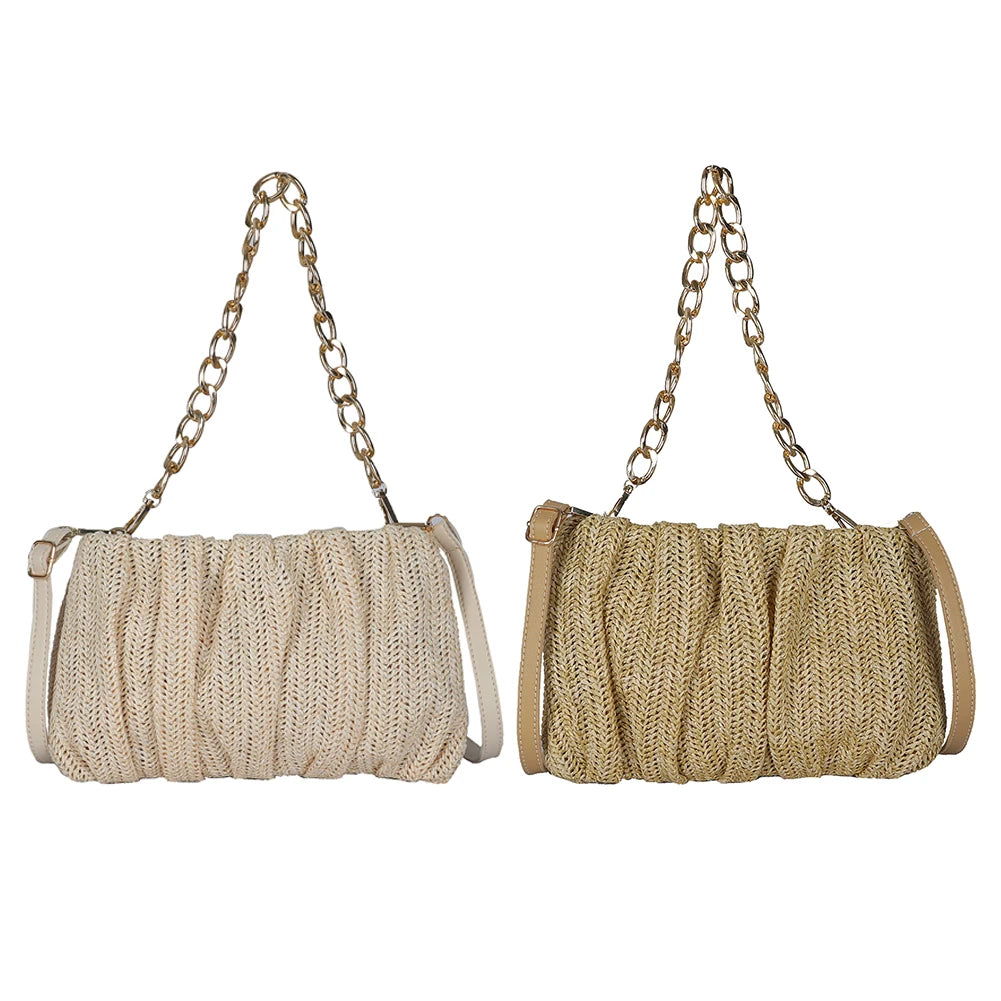 Pleated Straw Shoulder Crossbody Bag Women Beach Messenger Handbag Purse