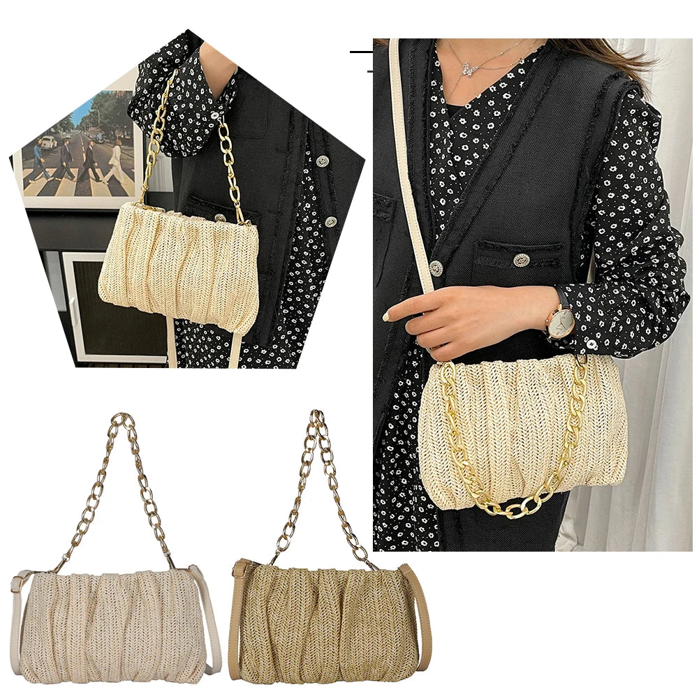 Pleated Straw Shoulder Crossbody Bag Women Beach Messenger Handbag Purse