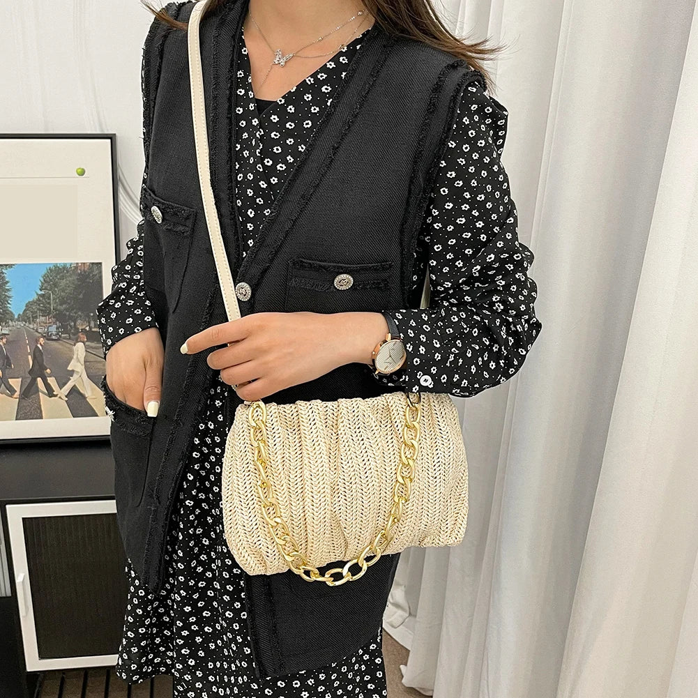 Pleated Straw Crossbody Bag Beach Handbag Purse
