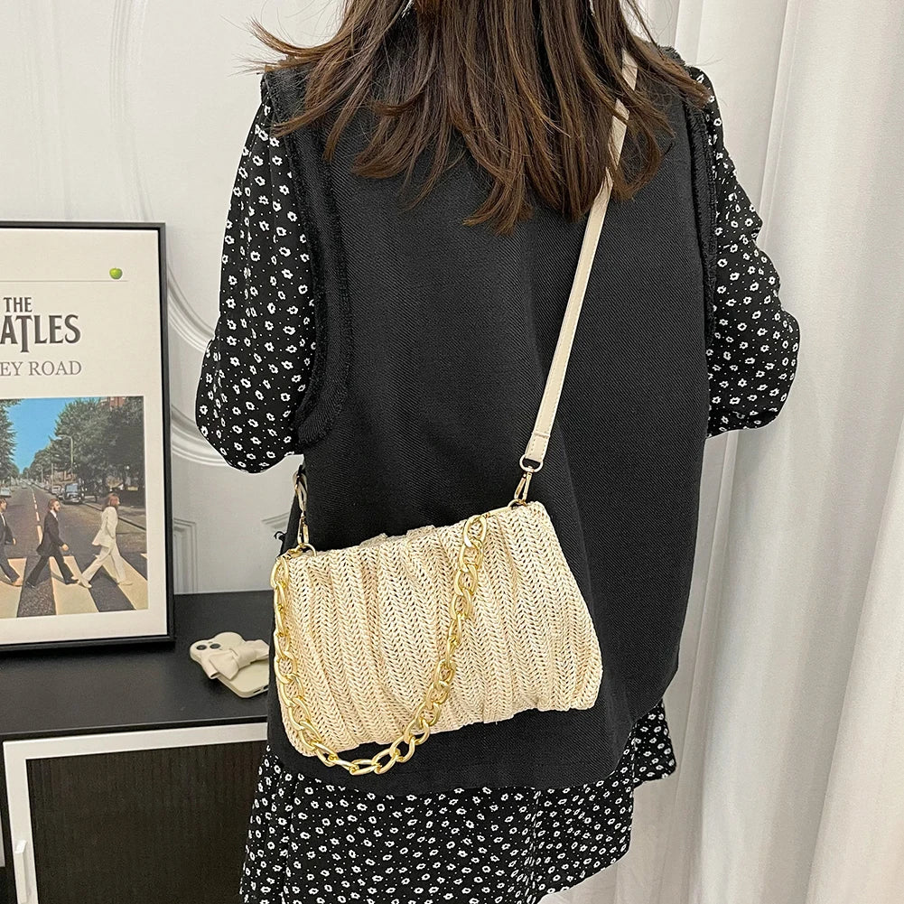 Pleated Straw Crossbody Bag Beach Handbag Purse