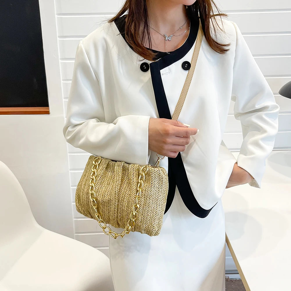 Pleated Straw Shoulder Crossbody Bag Women Beach Messenger Handbag Purse