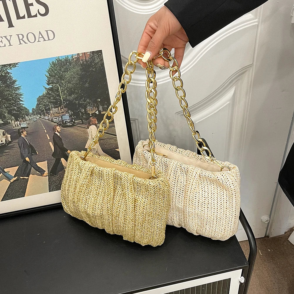 Pleated Straw Shoulder Crossbody Bag Women Beach Messenger Handbag Purse