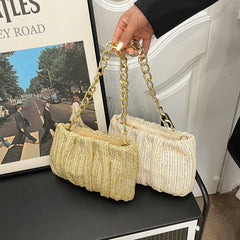 Pleated Straw Shoulder Crossbody Bag Women Beach Messenger Handbag Purse