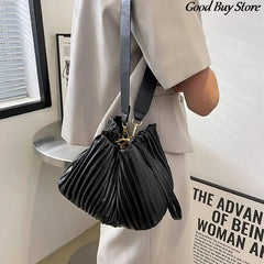 Pleated Stripe Bucket Bag Leather Shoulder Bags For Women