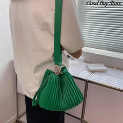 Pleated Stripe Bucket Bag Leather Shoulder Bags For Women