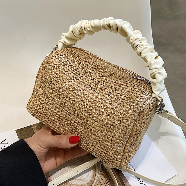 Pleated Weave Small Tote Bag Straw Women's Handbag