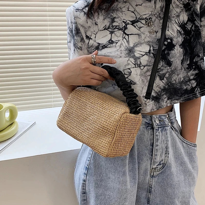 Pleated Weave Small Tote Bag Straw Women's Handbag