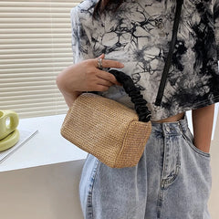 Pleated Weave Small Tote Bag Straw Women's Handbag