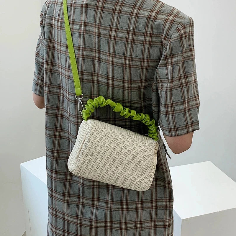 Pleated Weave Small Tote Bag Straw Women's Handbag