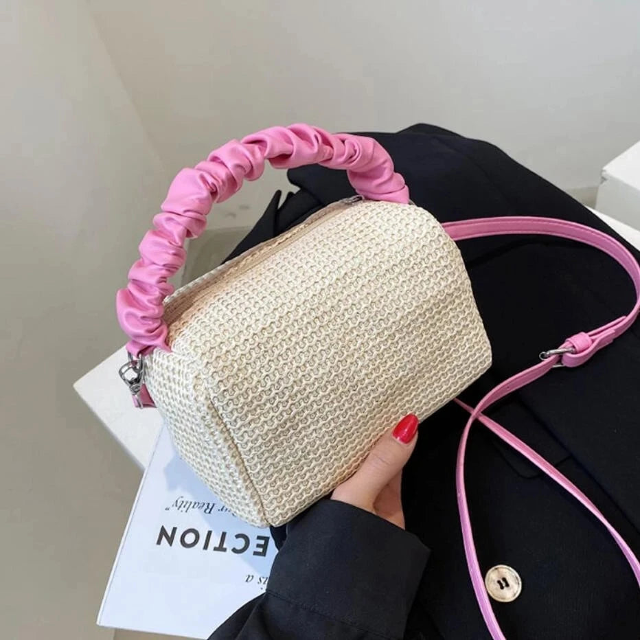 Pleated Weave Small Tote Bag Straw Women's Handbag