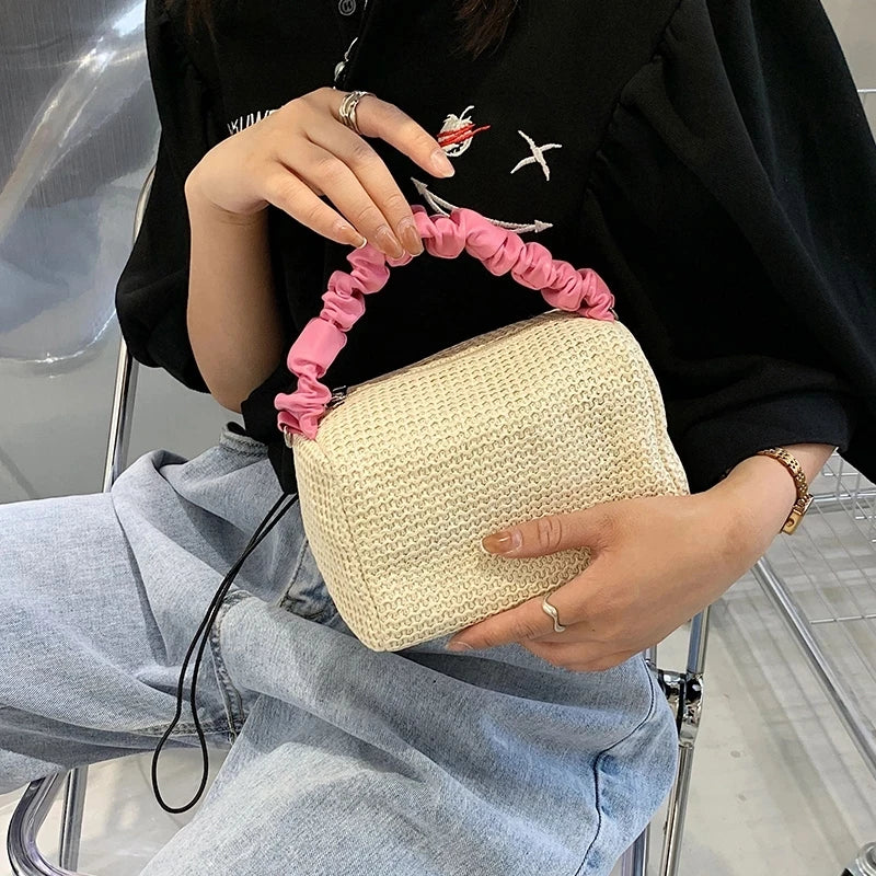 Pleated Weave Small Tote Bag Straw Women's Handbag