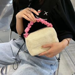 Pleated Weave Small Tote Bag Straw Women's Handbag