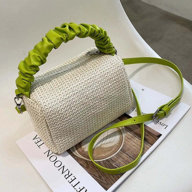 Pleated Weave Small Tote Bag Straw Women's Handbag