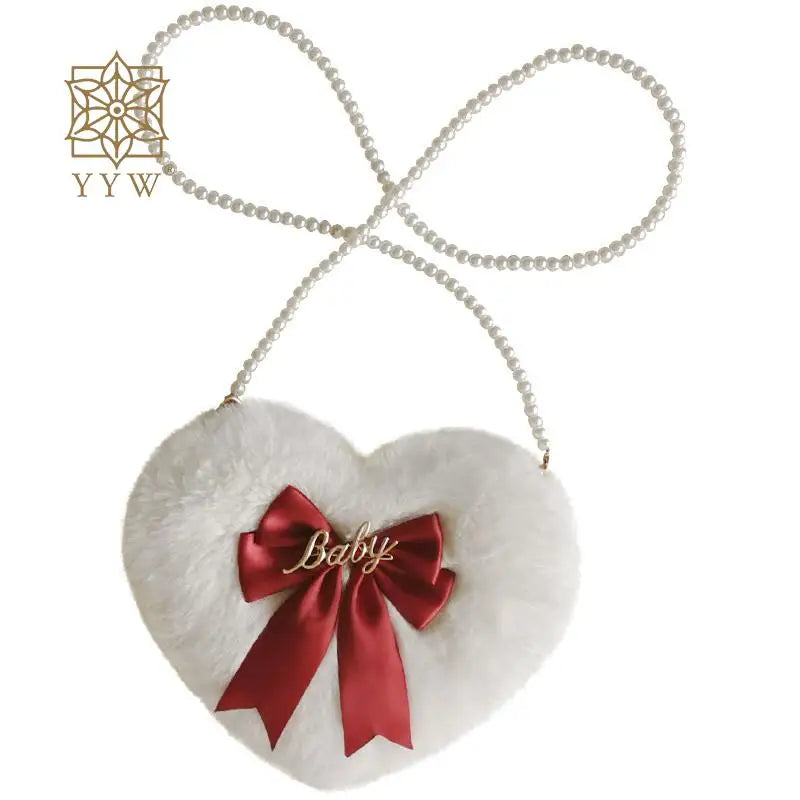 Heart Shape Plush Crossbody Bag with Pearl Chain for Women