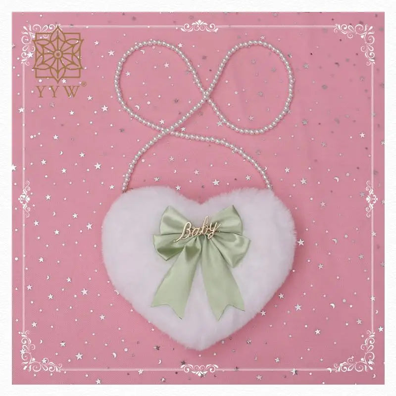 Heart Shape Plush Crossbody Bag with Pearl Chain for Women