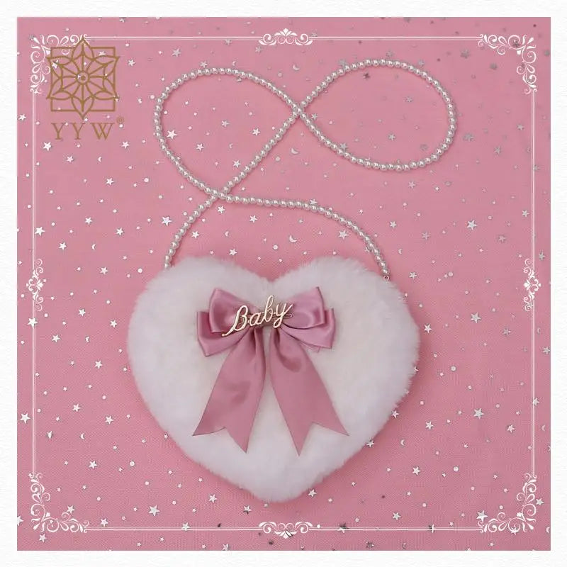 Heart Shape Plush Crossbody Bag with Pearl Chain for Women