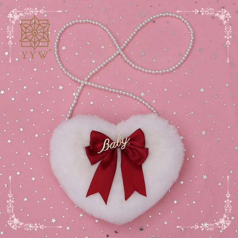 Heart Shape Plush Crossbody Bag with Pearl Chain for Women