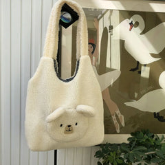 Fluffy Underarm Bag Large Capacity Soft Shopping Bag Bear Pattern