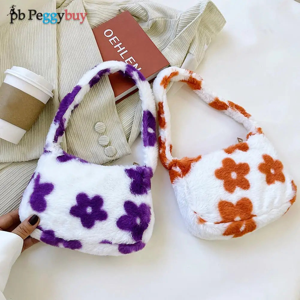Flower Bear Pattern Shoulder Bag Autumn Winter Plush Small Bag