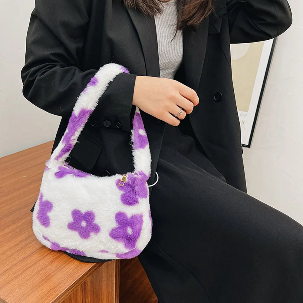 Flower Bear Pattern Shoulder Bag Autumn Winter Plush Small Bag