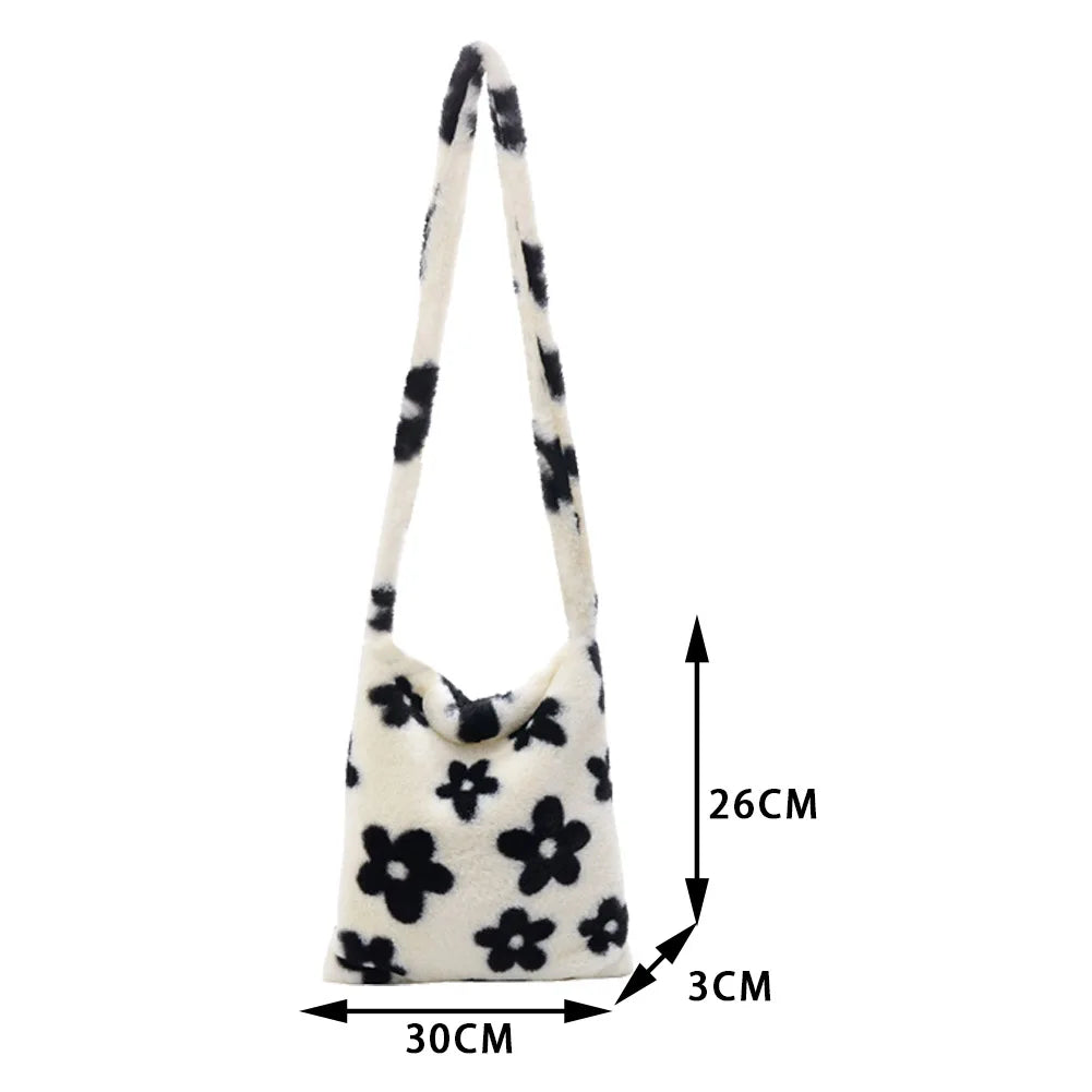 Flower Printed Shoulder Bag Tote 2021Autumn Soft Plush Fluffy Shopper Handbag