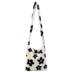 Flower Printed Shoulder Bag Tote 2021Autumn Soft Plush Fluffy Shopper Handbag